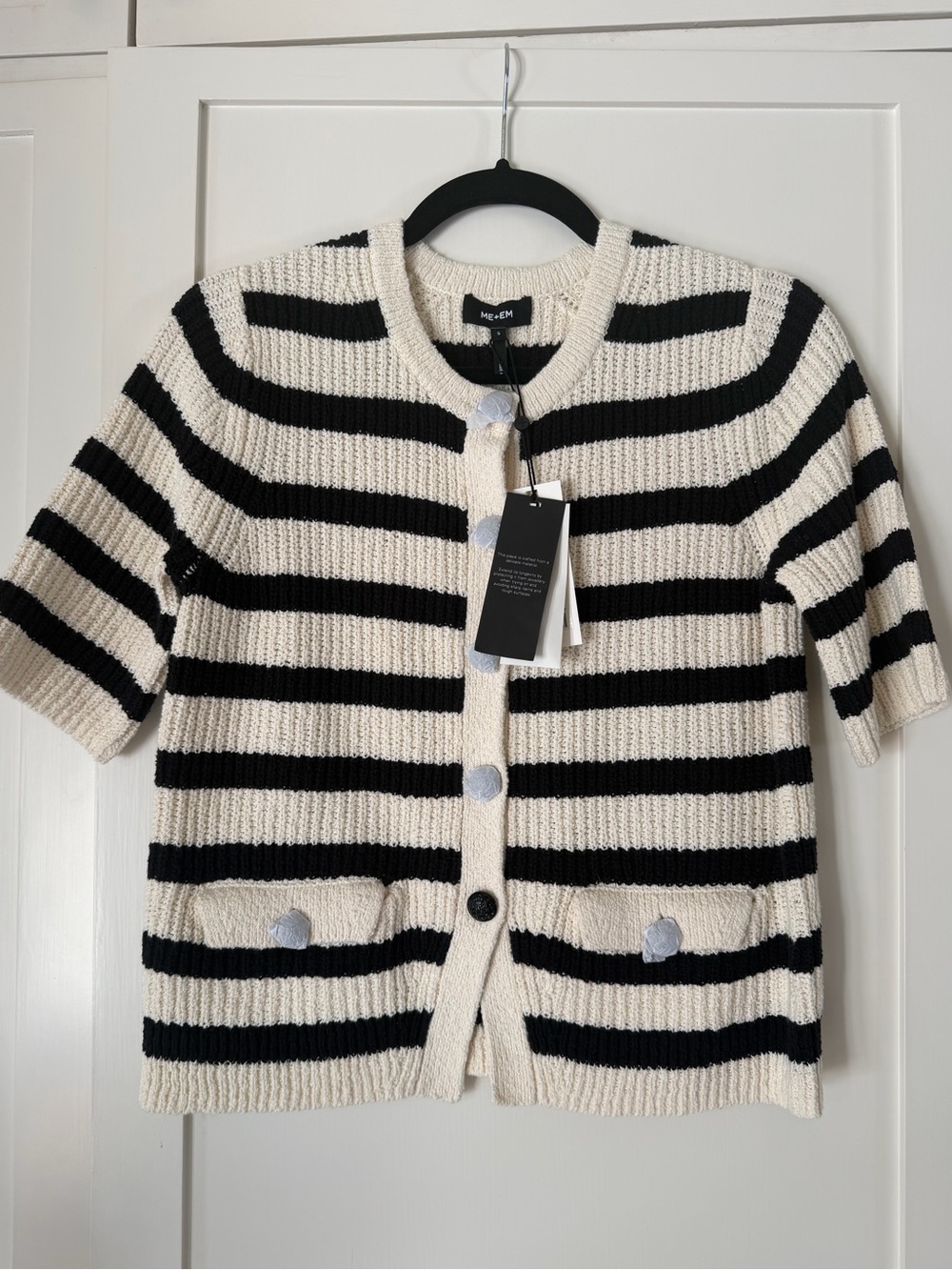 ME+EM Cream and Black Striped Short-Sleeve Knit Cardigan
